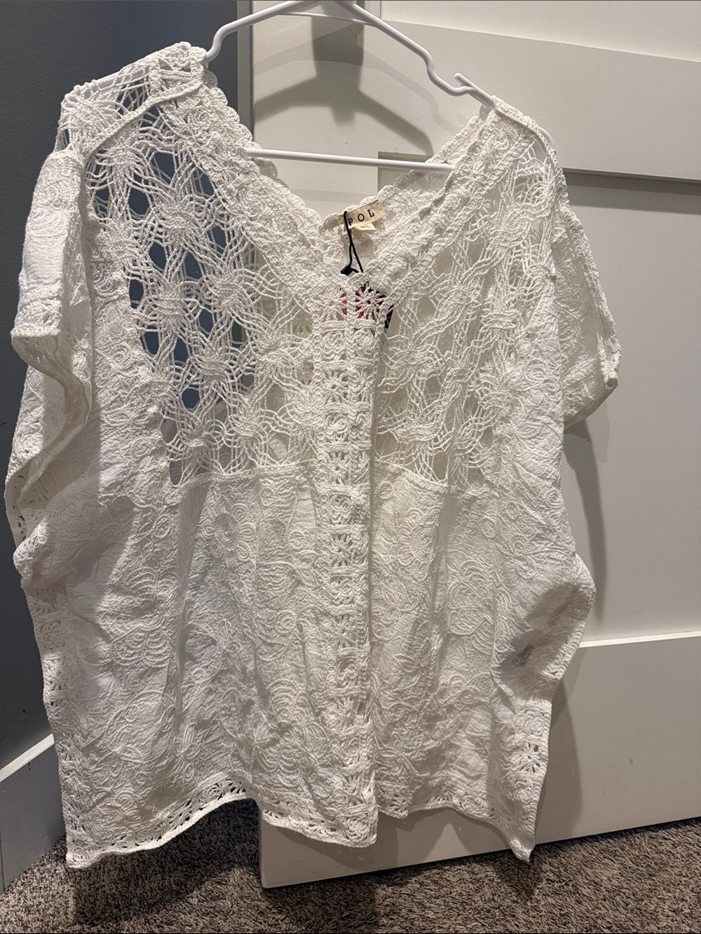 POL White Crochet Lace V-Neck Boho Blouse
